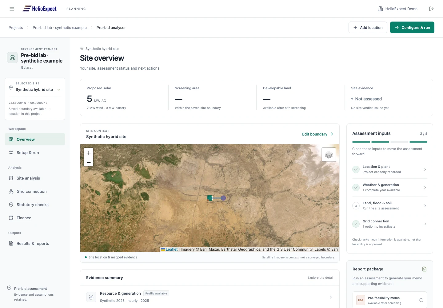 Planner site overview with a satellite map, proposed capacity, evidence summary and assessment checklist for a synthetic hybrid project